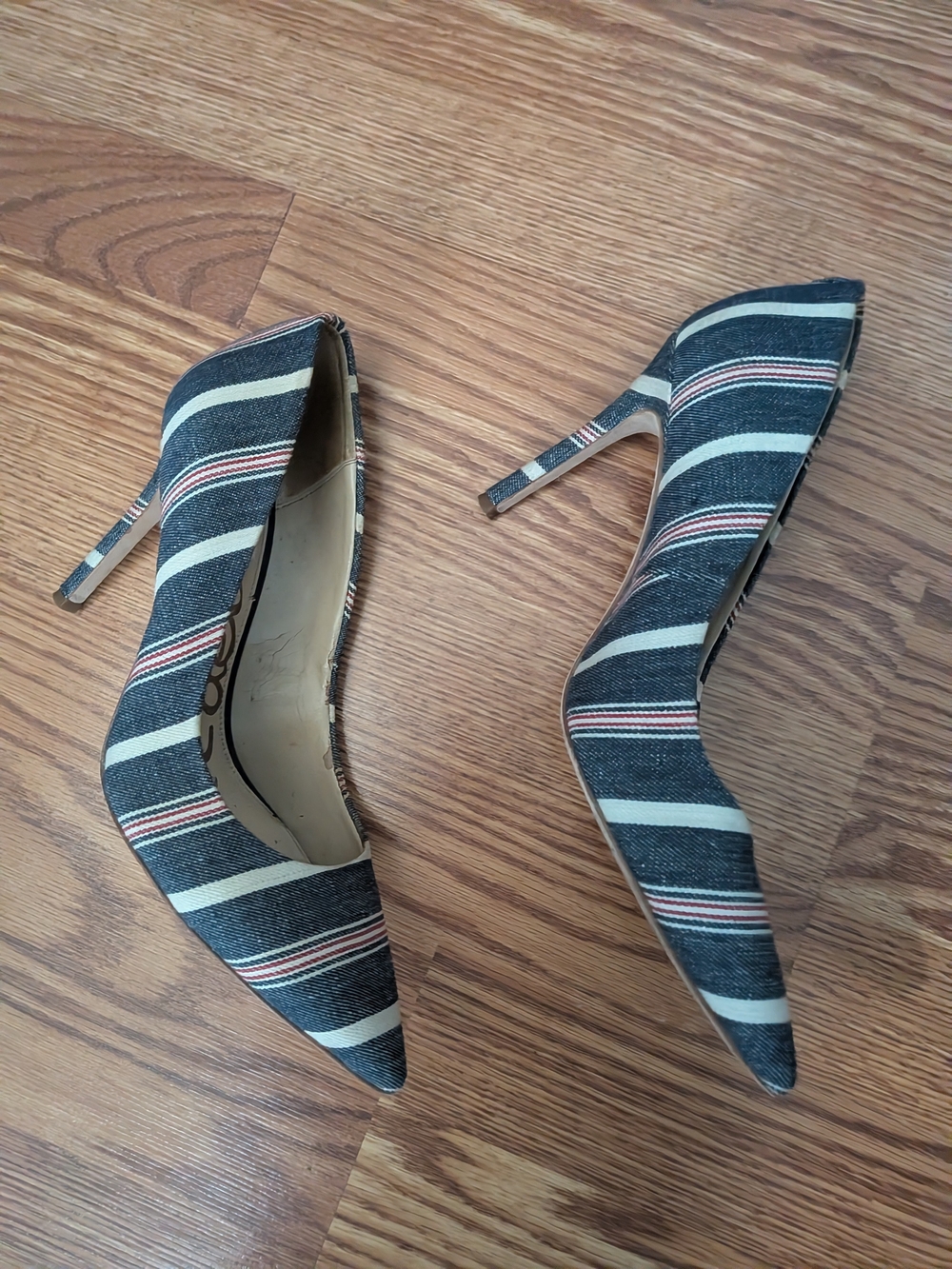 Sam Edelman  Striped Pointed Toe Pumps in Navy and White - Picture 2 of 5
